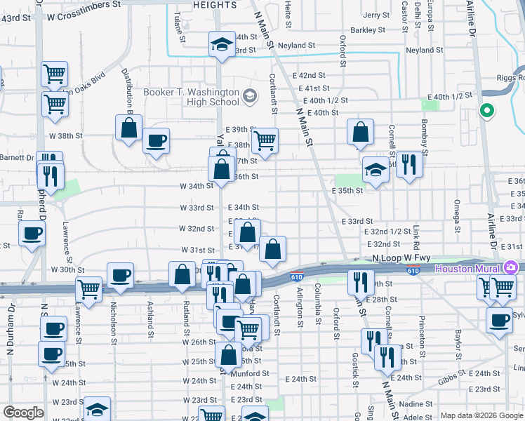 map of restaurants, bars, coffee shops, grocery stores, and more near 212 East 34th Street in Houston