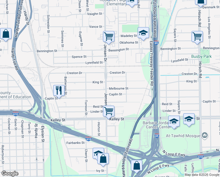 map of restaurants, bars, coffee shops, grocery stores, and more near 4624 Melbourne in Houston