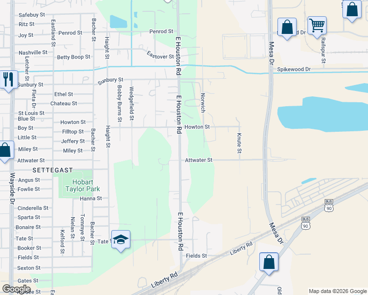 map of restaurants, bars, coffee shops, grocery stores, and more near 5930 East Houston Road in Houston