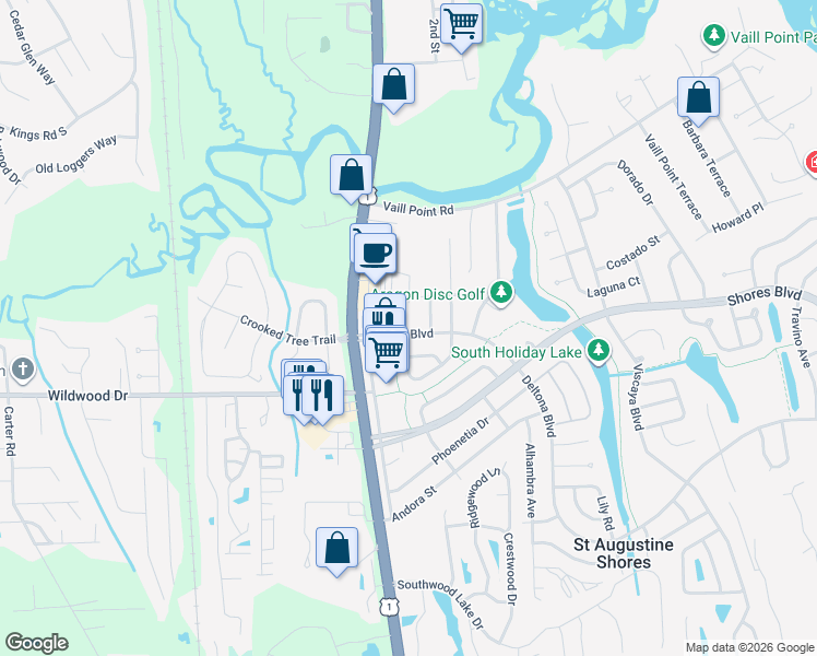 map of restaurants, bars, coffee shops, grocery stores, and more near 60 Deltona Boulevard in St. Augustine