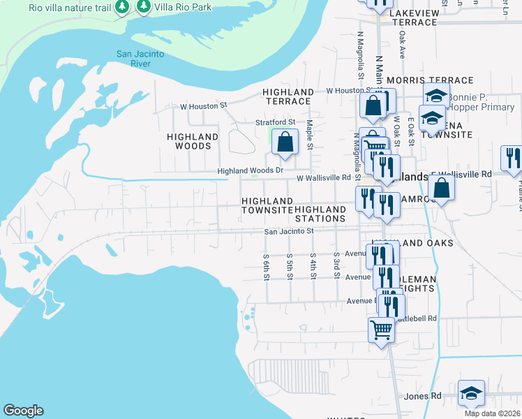 map of restaurants, bars, coffee shops, grocery stores, and more near 601 Clear Lake Road in Highlands
