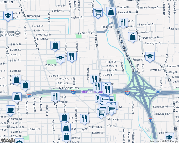 map of restaurants, bars, coffee shops, grocery stores, and more near 3306 Omega Street in Houston