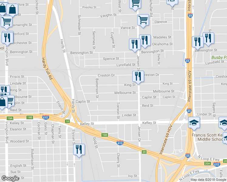 map of restaurants, bars, coffee shops, grocery stores, and more near 2315 Melbourne Street in Houston