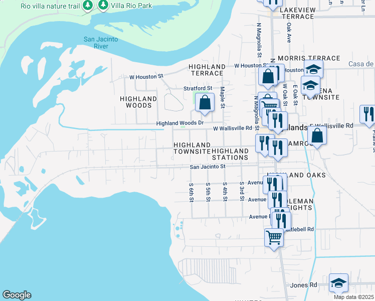 map of restaurants, bars, coffee shops, grocery stores, and more near 611 Clear Lake Road in Highlands
