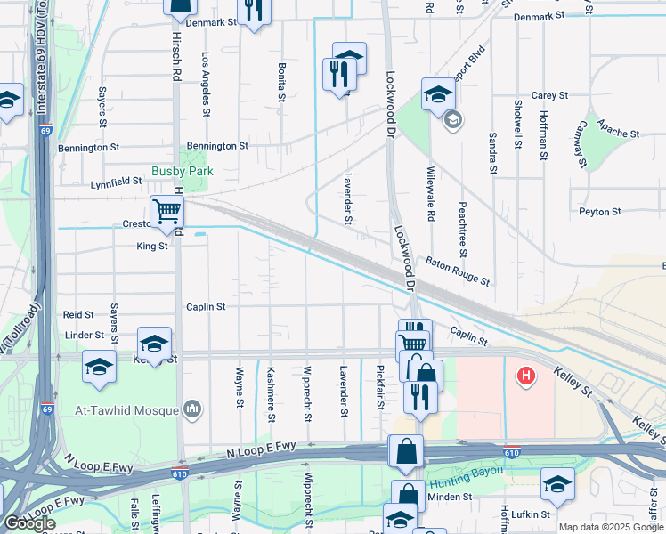 map of restaurants, bars, coffee shops, grocery stores, and more near 6216 Wipprecht Street in Houston