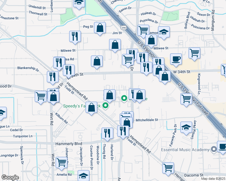 map of restaurants, bars, coffee shops, grocery stores, and more near 5903 Gardendale Drive in Houston