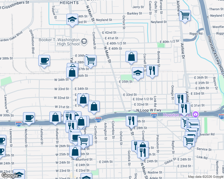 map of restaurants, bars, coffee shops, grocery stores, and more near 3317 Columbia Street in Houston