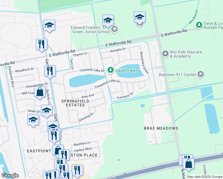 map of restaurants, bars, coffee shops, grocery stores, and more near 8014 Safflower Drive in Baytown
