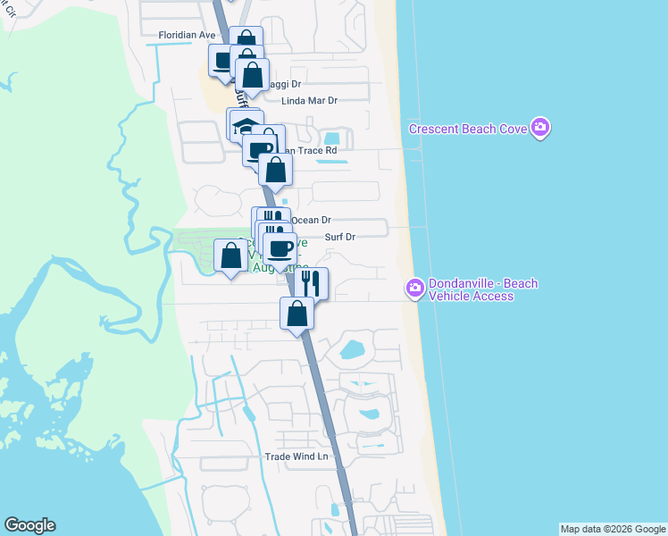 map of restaurants, bars, coffee shops, grocery stores, and more near 4250 Florida A1A in St. Augustine