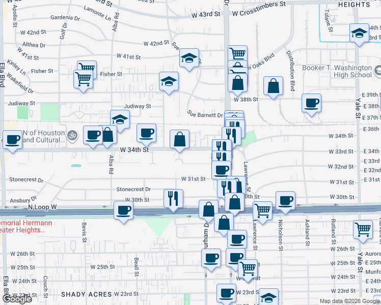 map of restaurants, bars, coffee shops, grocery stores, and more near 817 West 34th Street in Houston