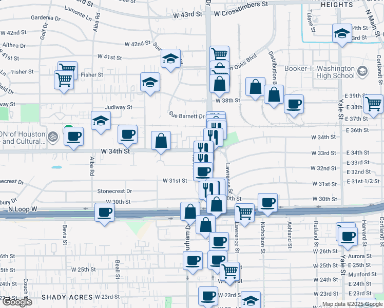 map of restaurants, bars, coffee shops, grocery stores, and more near 701 West 34th Street in Houston