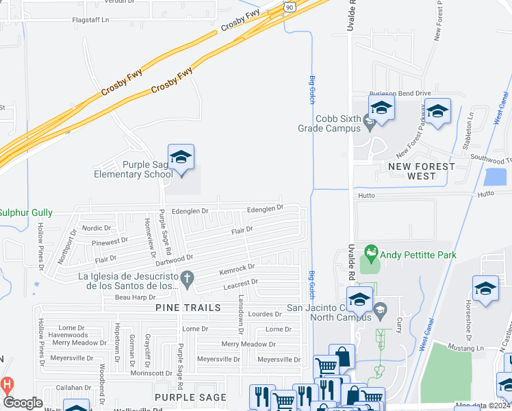 map of restaurants, bars, coffee shops, grocery stores, and more near 14619 Edenglen Drive in Houston