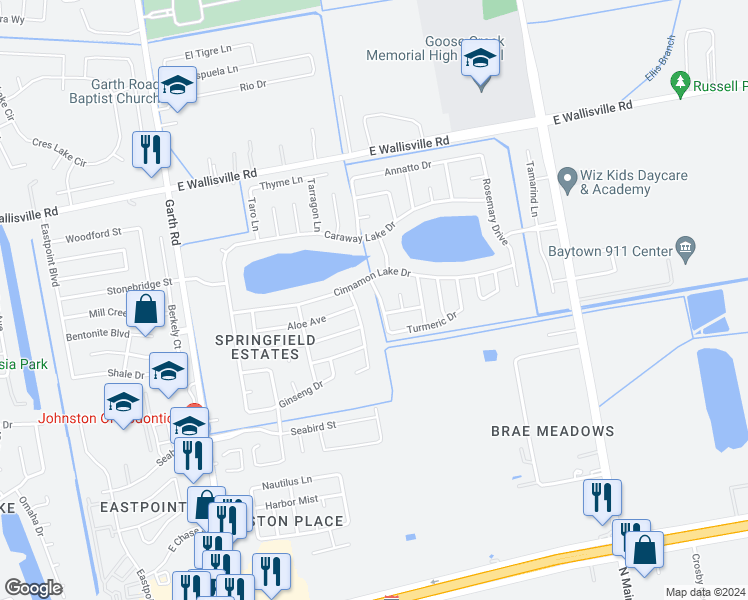 map of restaurants, bars, coffee shops, grocery stores, and more near 8019 Safflower Drive in Baytown