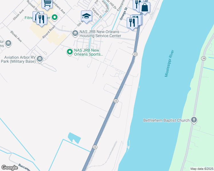 map of restaurants, bars, coffee shops, grocery stores, and more near 118 Langridge Drive in Belle Chasse