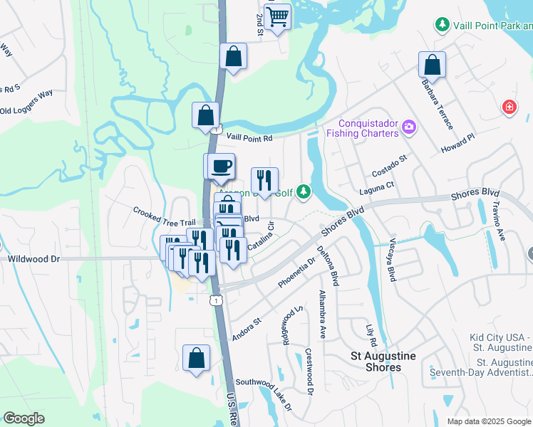 map of restaurants, bars, coffee shops, grocery stores, and more near 100 Deltona Boulevard in St. Augustine