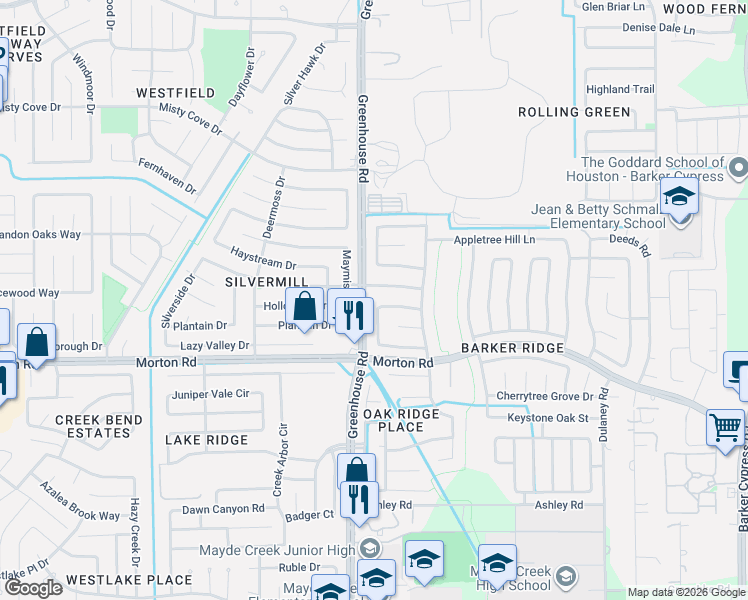 map of restaurants, bars, coffee shops, grocery stores, and more near 19034 Canyon River Lane in Houston