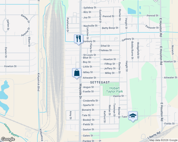map of restaurants, bars, coffee shops, grocery stores, and more near 7933 Miley Street in Houston