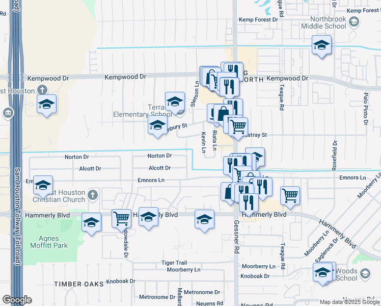 map of restaurants, bars, coffee shops, grocery stores, and more near 2519 Kevin Lane in Houston