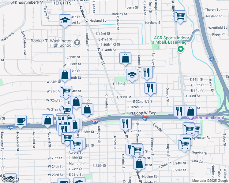 map of restaurants, bars, coffee shops, grocery stores, and more near 7322 North Main Street in Houston