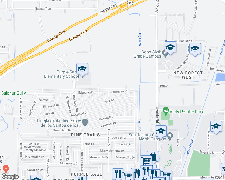 map of restaurants, bars, coffee shops, grocery stores, and more near 14611 Edenglen Drive in Houston