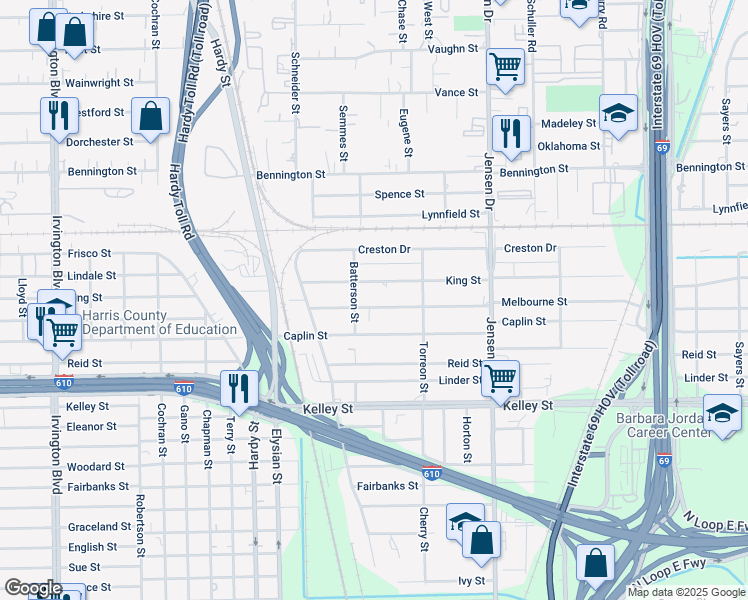 map of restaurants, bars, coffee shops, grocery stores, and more near 2111 Melbourne Street in Houston