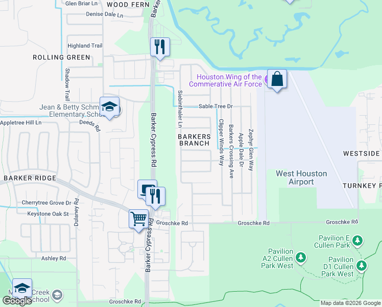 map of restaurants, bars, coffee shops, grocery stores, and more near 18315 Thicket Grove Road in Houston