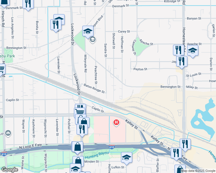 map of restaurants, bars, coffee shops, grocery stores, and more near 6300 Sandra Street in Houston