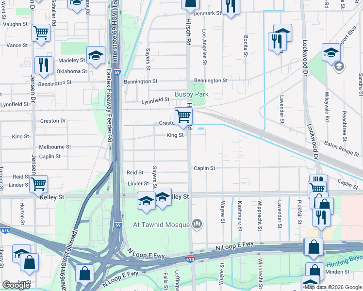 map of restaurants, bars, coffee shops, grocery stores, and more near 4117 Melbourne Street in Houston