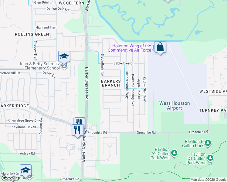 map of restaurants, bars, coffee shops, grocery stores, and more near 18315 Thicket Grove Road in Houston