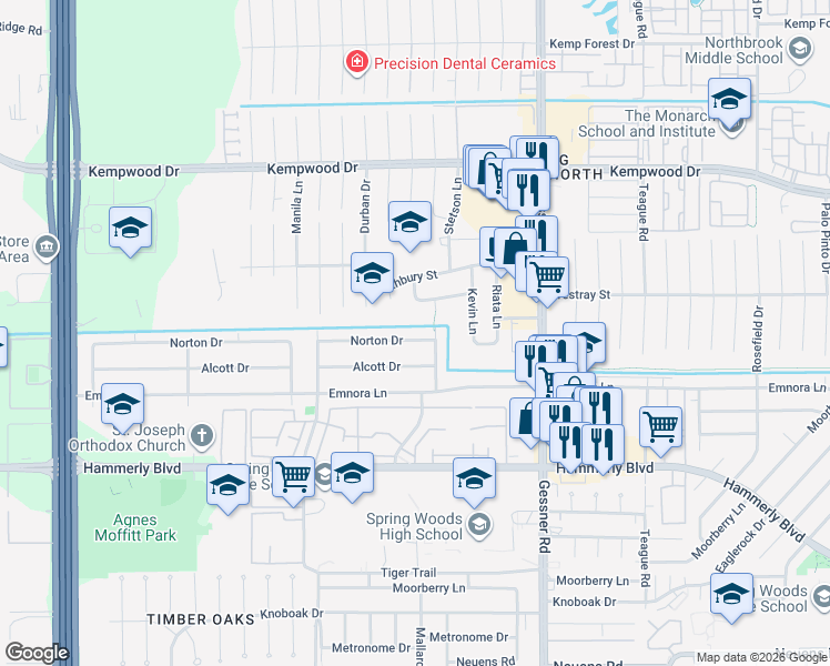 map of restaurants, bars, coffee shops, grocery stores, and more near 10414 Norton Drive in Houston
