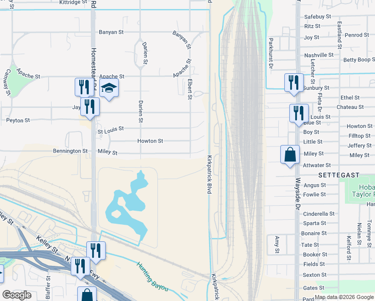 map of restaurants, bars, coffee shops, grocery stores, and more near 7501 Miley Street in Houston