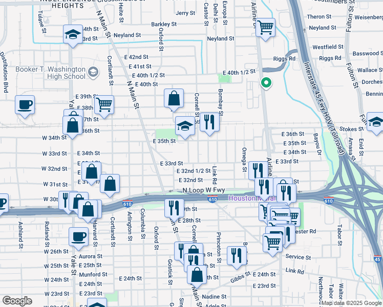 map of restaurants, bars, coffee shops, grocery stores, and more near 3308 Bacchus Street in Houston