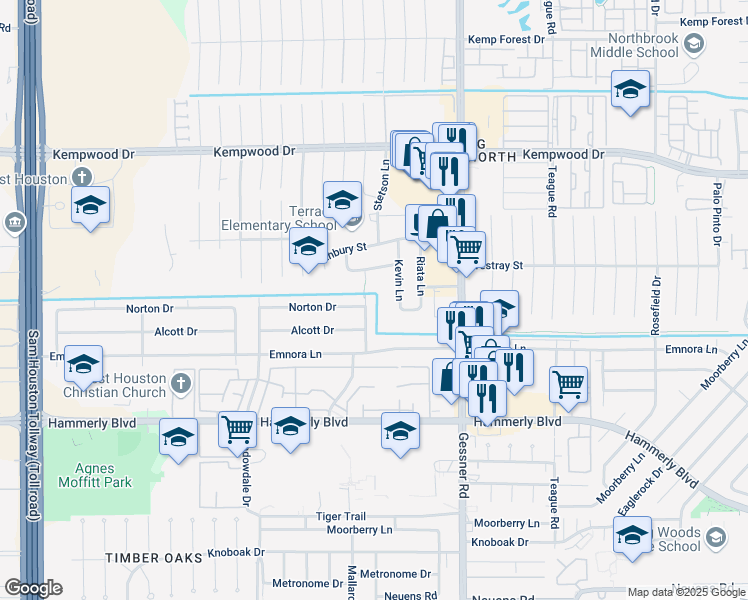 map of restaurants, bars, coffee shops, grocery stores, and more near 2519 Kevin Lane in Houston