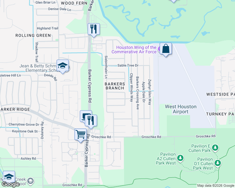 map of restaurants, bars, coffee shops, grocery stores, and more near 18315 Thicket Grove Road in Houston
