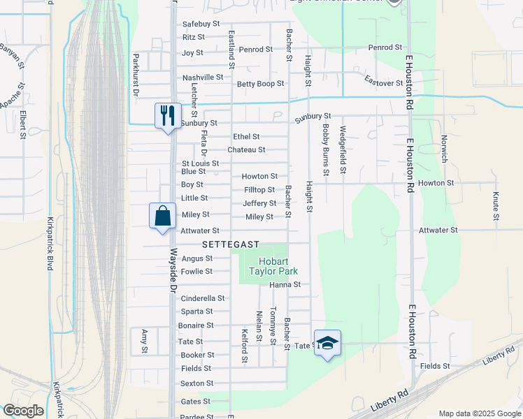 map of restaurants, bars, coffee shops, grocery stores, and more near 8127 Miley Street in Houston