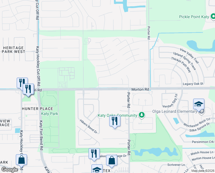 map of restaurants, bars, coffee shops, grocery stores, and more near Morton Road in Katy