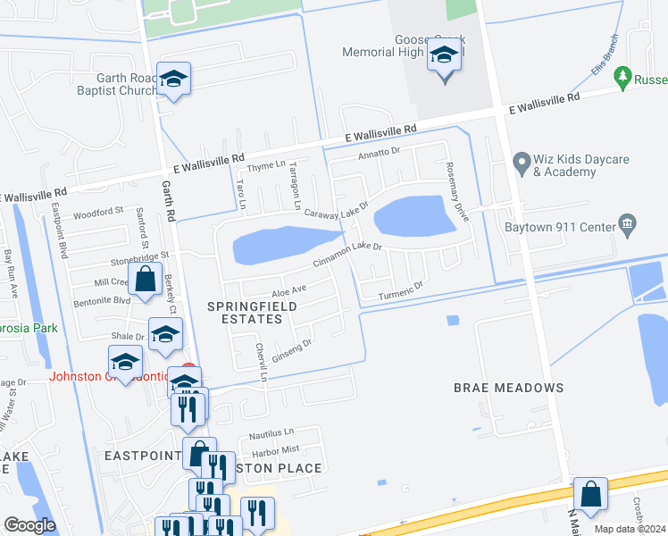 map of restaurants, bars, coffee shops, grocery stores, and more near 8030 Echinacea Drive in Baytown