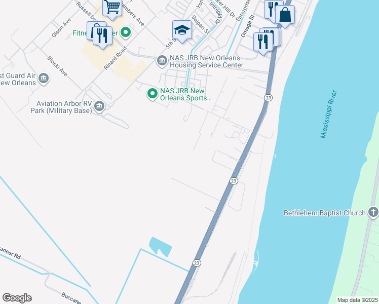 map of restaurants, bars, coffee shops, grocery stores, and more near 132 Protti Drive in Belle Chasse