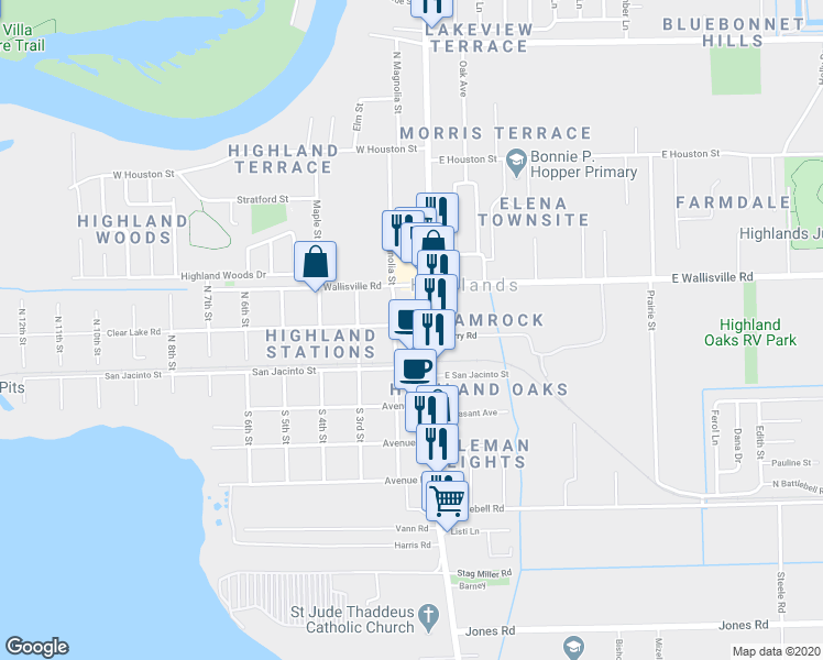 map of restaurants, bars, coffee shops, grocery stores, and more near 107 South Magnolia Street in Highlands