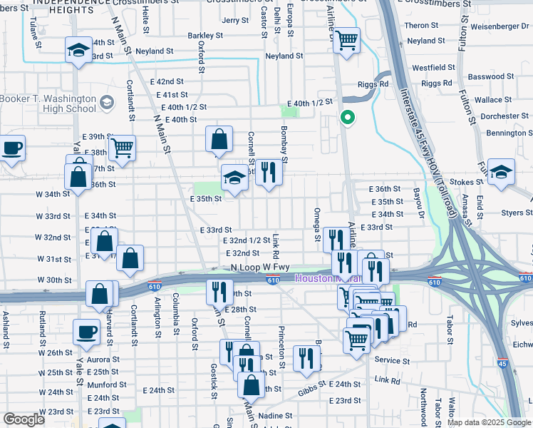 map of restaurants, bars, coffee shops, grocery stores, and more near 3310 Castor Street in Houston