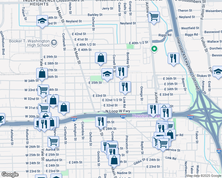 map of restaurants, bars, coffee shops, grocery stores, and more near 3308 Bacchus Street in Houston