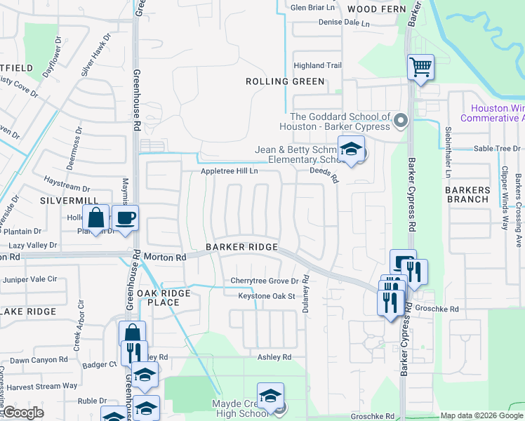 map of restaurants, bars, coffee shops, grocery stores, and more near 3226 Autumn Bridge Lane in Houston