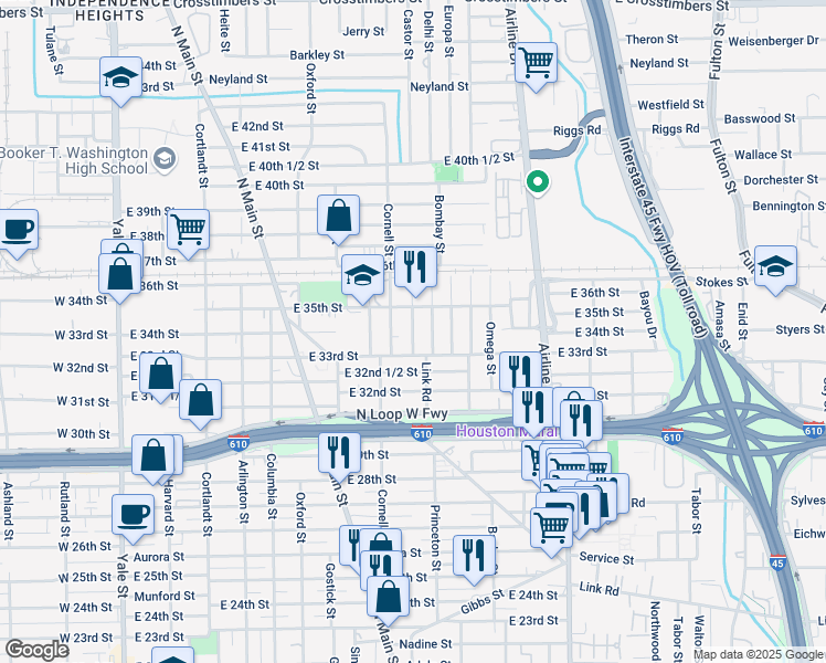 map of restaurants, bars, coffee shops, grocery stores, and more near 3310 Castor Street in Houston