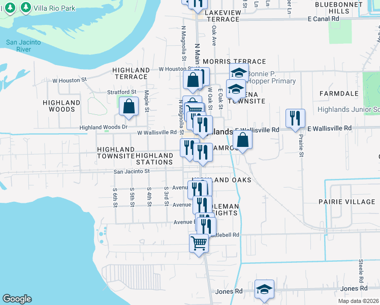 map of restaurants, bars, coffee shops, grocery stores, and more near 107 South Magnolia Street in Highlands