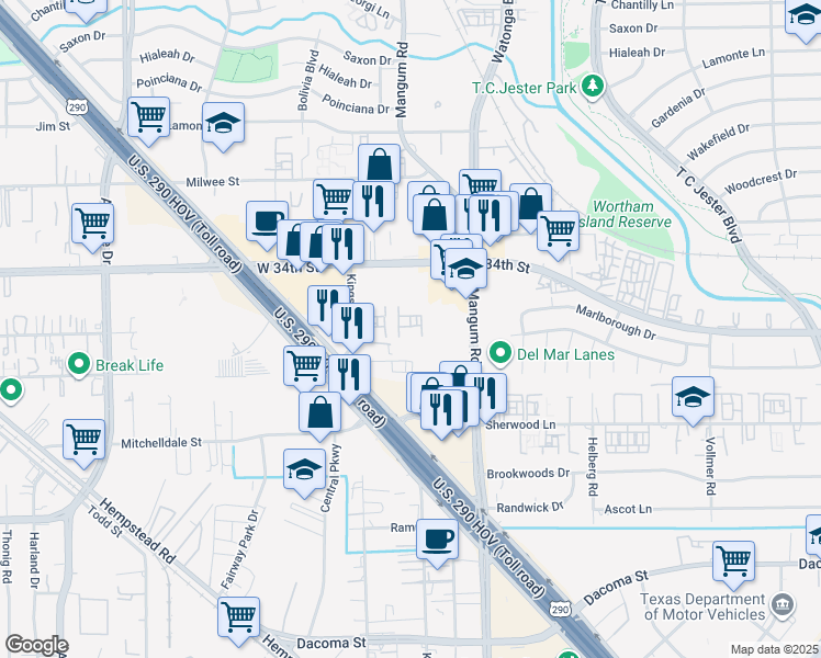 map of restaurants, bars, coffee shops, grocery stores, and more near 3233 Mangum Road in Houston