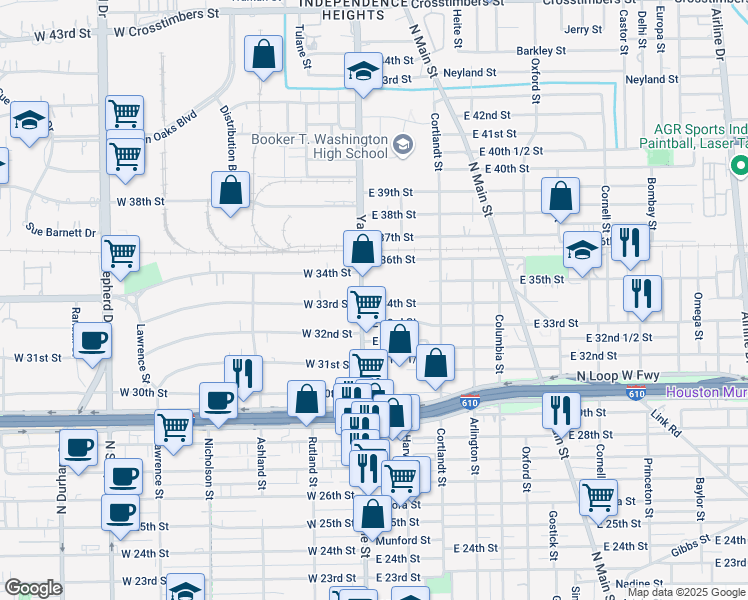 map of restaurants, bars, coffee shops, grocery stores, and more near 21 East 34th Street in Houston