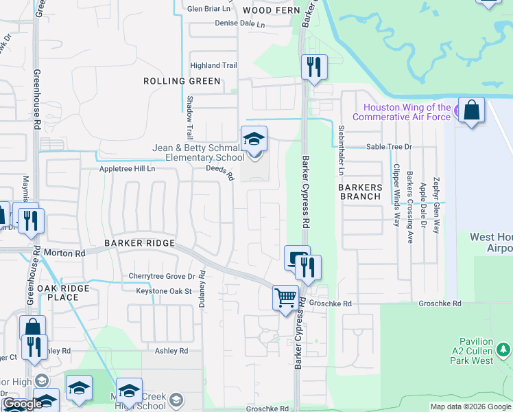 map of restaurants, bars, coffee shops, grocery stores, and more near 18314 Fresh Air Court in Houston