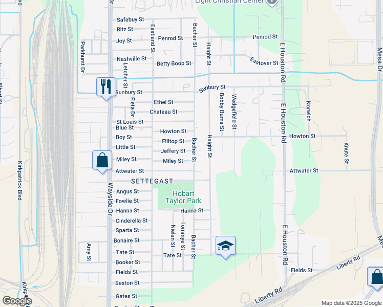 map of restaurants, bars, coffee shops, grocery stores, and more near 8146 Jeffery Street in Houston