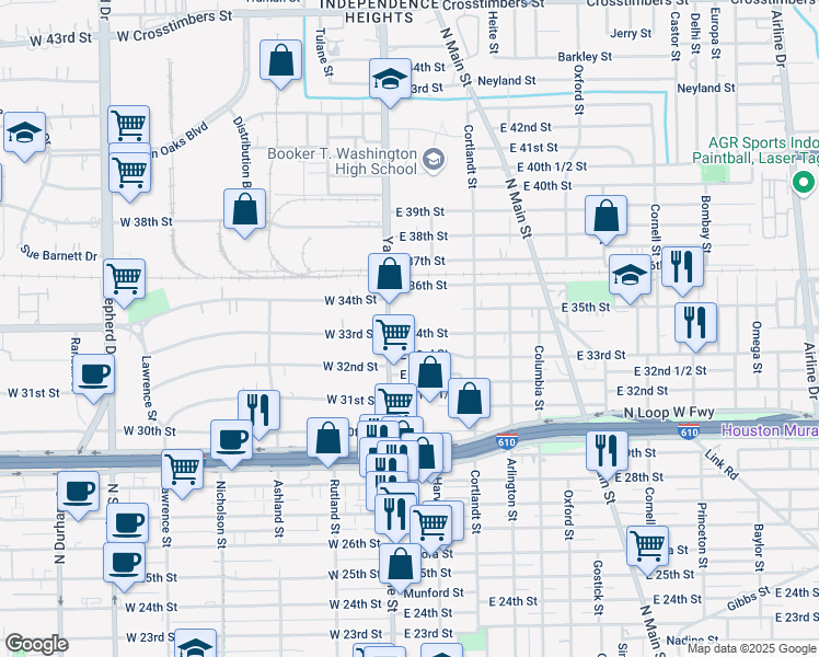 map of restaurants, bars, coffee shops, grocery stores, and more near 21 East 34th Street in Houston