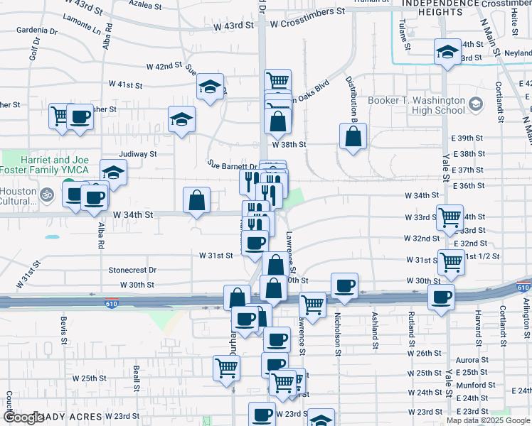 map of restaurants, bars, coffee shops, grocery stores, and more near N Shepherd Dr & W 34th St in Houston